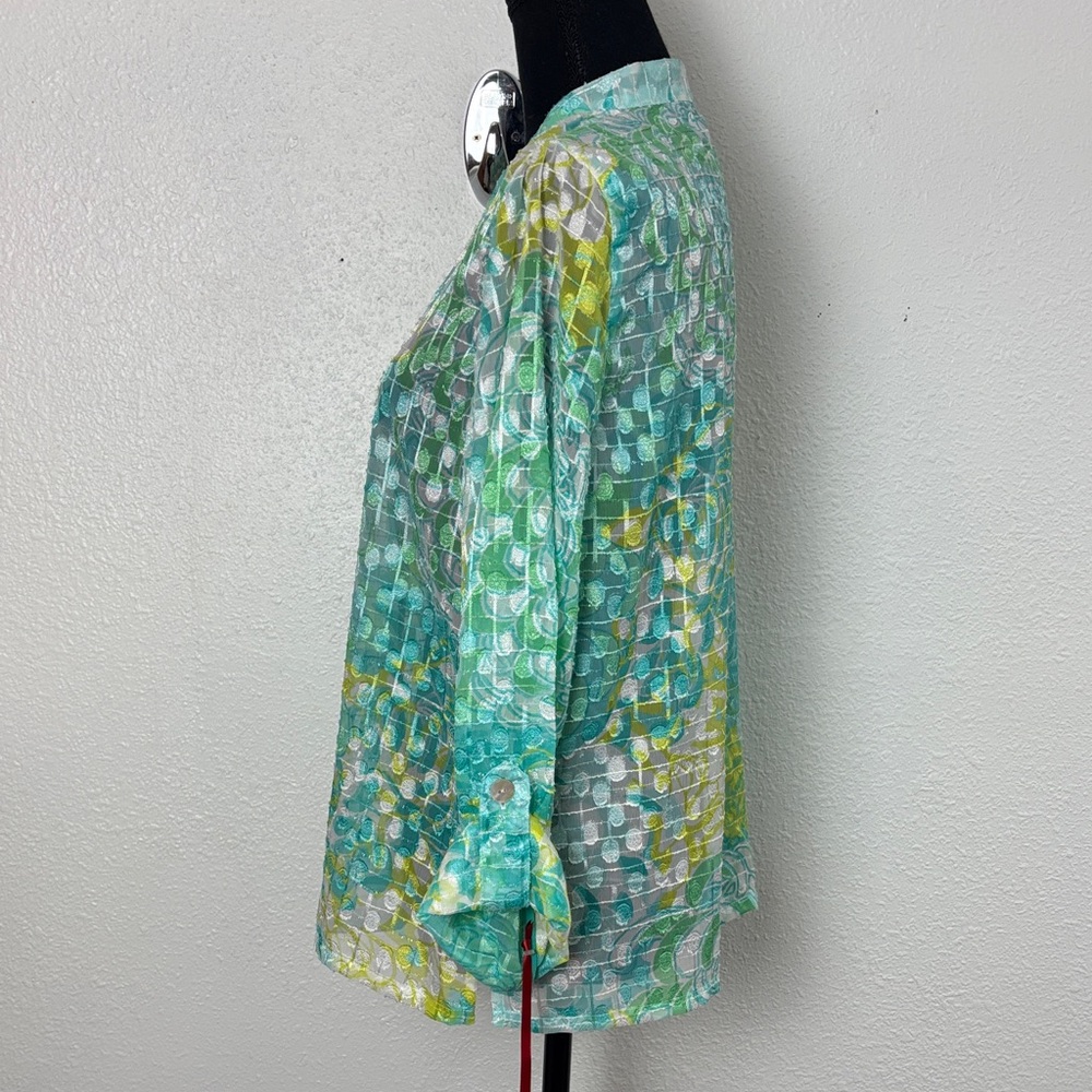 NWT Ruby Rd Aqua Green Abstract Print Button Up Blouse Size 8 - Picture 4 of 9